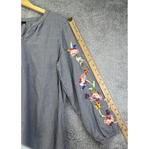 Talbots Womens Top Gray White Striped Floral Embroidered V-Neck Boho 1X Petite - Picture 10 of 13